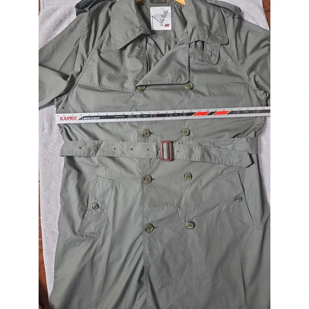 John Weitz Vtg Mens Double Breasted Trench Coat 42L Olive Grey Duster